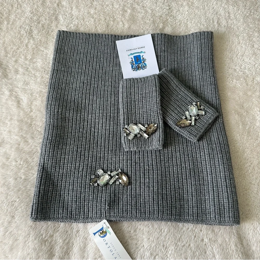 NWT Portolano Merino Wool Fingerless Arm Warmer and Snood Set in Grey